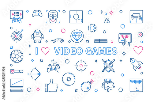 I Love Video Games outline creative banner. Vector concept illustration for gamers