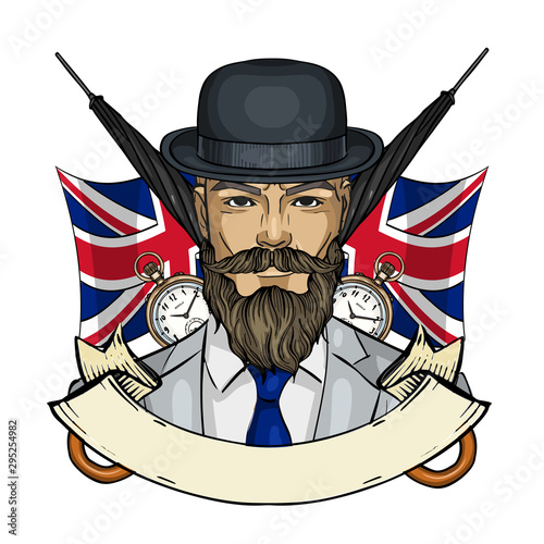 Hand drawn color sketch, british man with beard, mustaches, hat and umbrella. Poster, flyer design