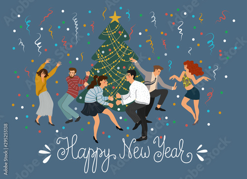 People dancing at the Christmas tree at a corporate party. Greeting card with a cheerful company of friends celebrating New Year. Cute vector flat illustration.