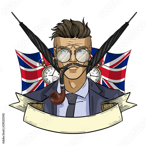 Hand drawn color sketch, british man with glasses and smoking pipe. Poster, flyer design