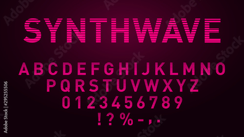 Synthwave pink font in 1980s style. Retrowave striped letters, numbers and symbols. Eps 10