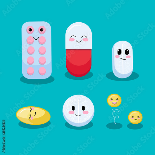 Pills and drugs - kawaii. Vector graphics