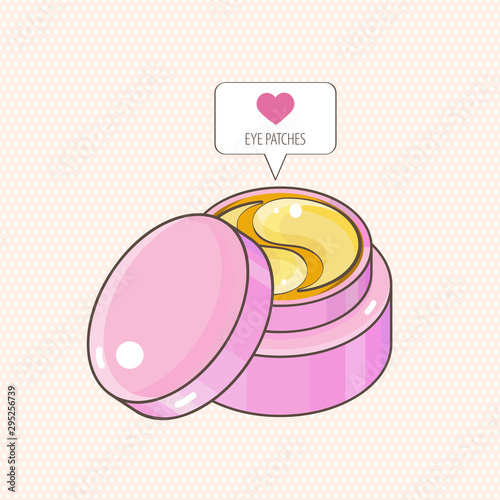 Hydrogel golden cosmetic eye patch in a pink jar. Icon like in the shape of a heart. Cosmetic product for skin. Patches under the eyes. ollagen mask. Korean cosmetics.