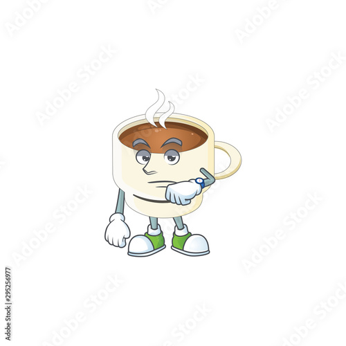 Waiting cup coffee cartoon on white background.