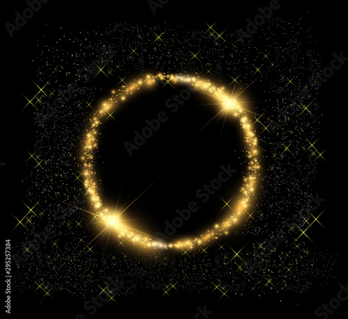 Round shiny perfect background. Vector eps10. Beautiful light. Magic circle. Precious background.Round gold shiny frame with light bursts.