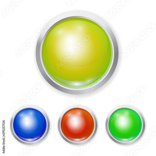 Set of Vector realistic color plastic button with patch of light and metal element isolated on white background. 3D illustration.