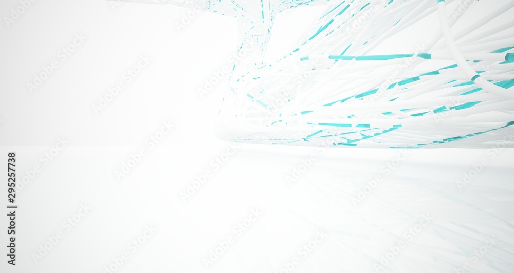 Obraz premium Abstract architectural white and glass gradient color smooth wire interior of a minimalist house with large windows.. 3D illustration and rendering.