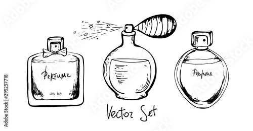 Set with black and white perfume bottles in sketch style isolated on white background. Vector illustration. hand drawing