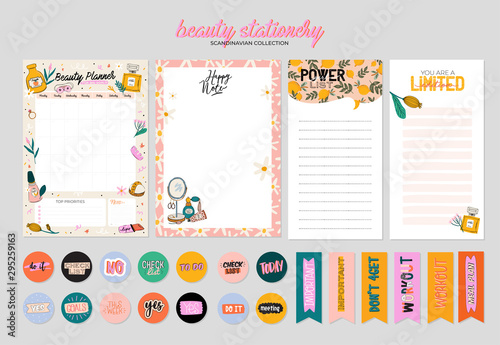 Collection of weekly or daily planner, note paper, to do list, stickers templates decorated by cute beauty cosmetic illustrations and trendy lettering. Trendy scheduler or organizer. Flat vector