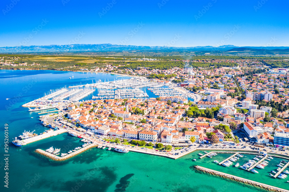 Croatia, town of Biograd na Moru, aerial view of marina and historic town center - obrazy, fototapety, plakaty 