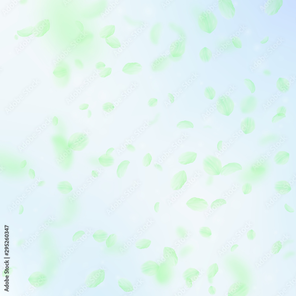 Green flower petals falling down. Overwhelming rom