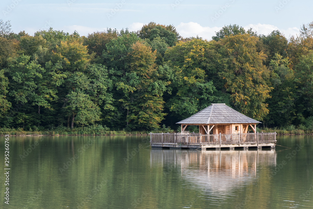 une maison en bois au bord d'un lac. Une maison écologique vers un lac. Une maison en bois sur pilotis à côté d'un lac et d'une forêt.