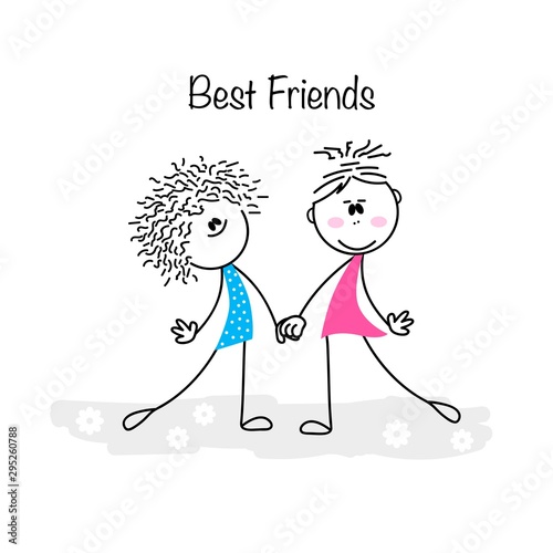 Two Cute cartoon girls keep for hands