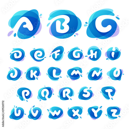 Alphabet logos at blue water splash background.