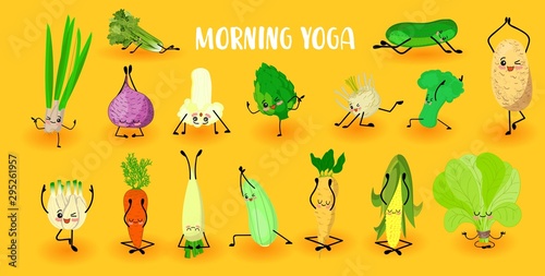 yoga vegetables. Healthy lifestyle. Sports and vegetarianism. Big collection of vegetables characters.