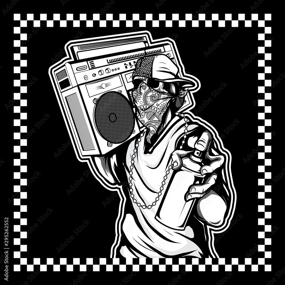 skull hip hop handling spray paint and boombox hand drawing vector ...