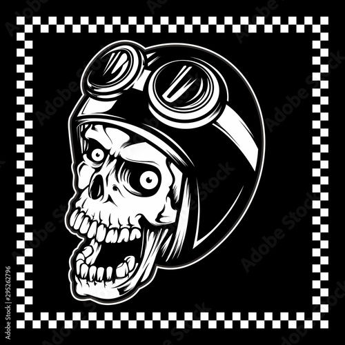 skull wearing a helmet and a google cross.vector hand drawing.Vector Illustration