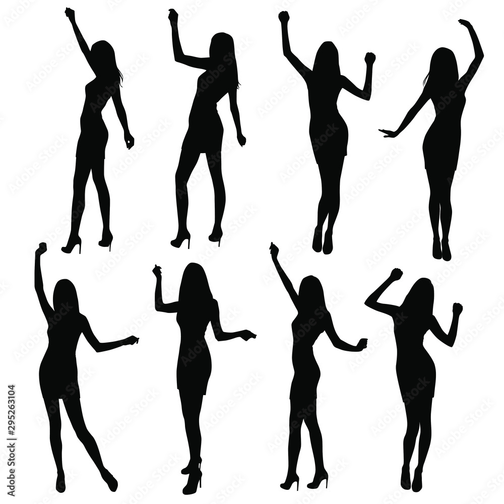 Set of women standing and dancing in various poses, hands up, group business people, vector silhouette, black color, isolated on white background Set of women standing and dancing in various poses, hands up, group business people, vector silhouette, black color, isolated on white background
