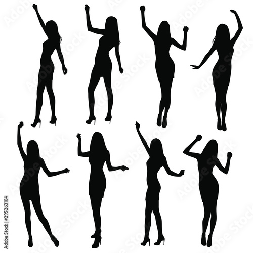 Set of women standing and dancing in various poses, hands up, group business people, vector silhouette, black color, isolated on white background
