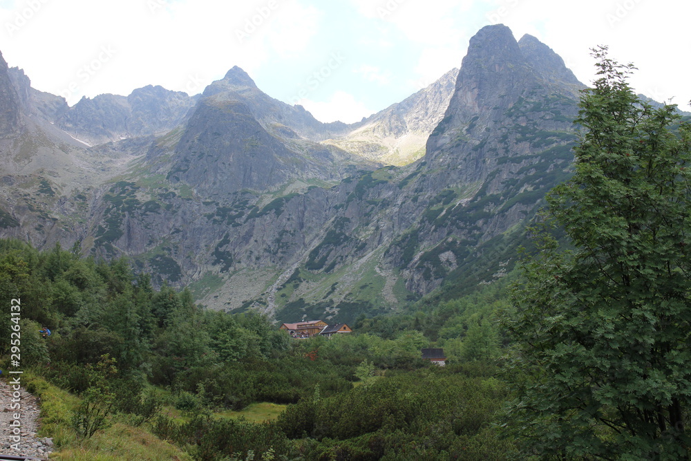 Zelene pleso chalet and Jastrabia veza peak in Zelene pleso valley in High Tatras, Slovakia