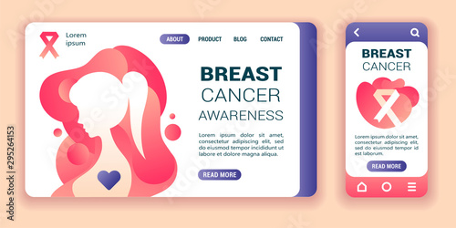 Breast cancer awareness web banner and mobile app kit. Cross platform. Flat vector illustration isolated line icon woman with hearth and ribbon.