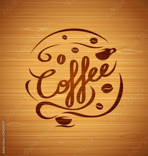 Vector composition with coffee and coffee cups on a wooden background for your design