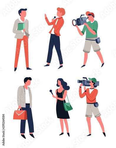 TV media reporter with microphone interviewing people on the street and cameraman filming