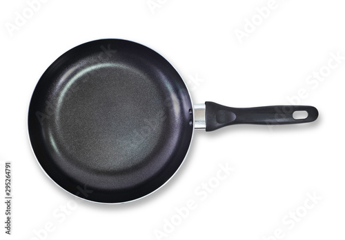Top view of Black frying pan isolated on white background with clipping path, Flat lay.