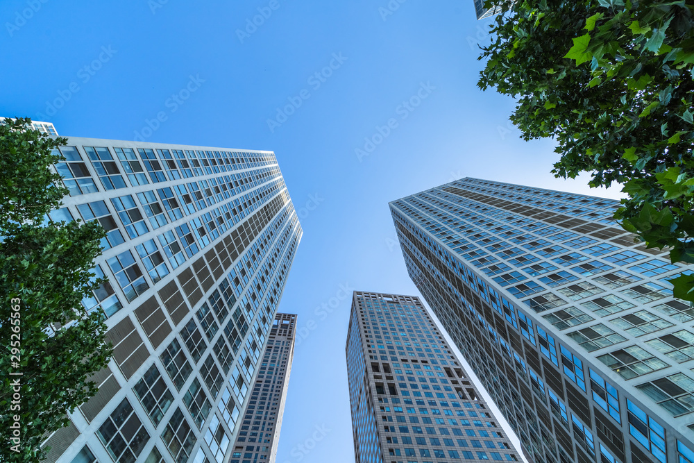 modern office building with green leaves.