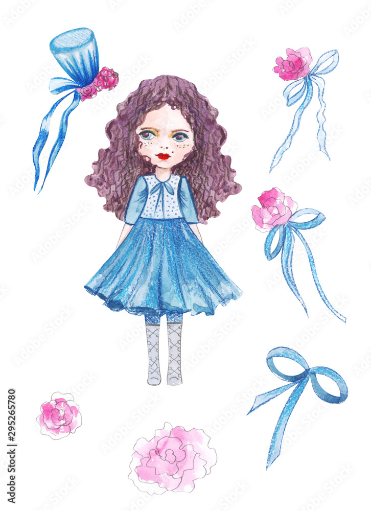 Illustration watercolor drawing of a little princess in a magnificent dress and a hat or crown on her head on an isolated white background Illustration watercolor drawing of a little princess in a magnificent dress and a hat or crown on her head on an isolated white background