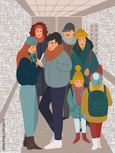 A lot of people ride in the elevator. Men, women and children in a closed cabin. Vector flat hand-drawn illustration.