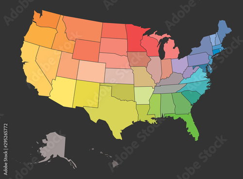 Blank map of USA, United States of America, in colors of rainbow spectrum