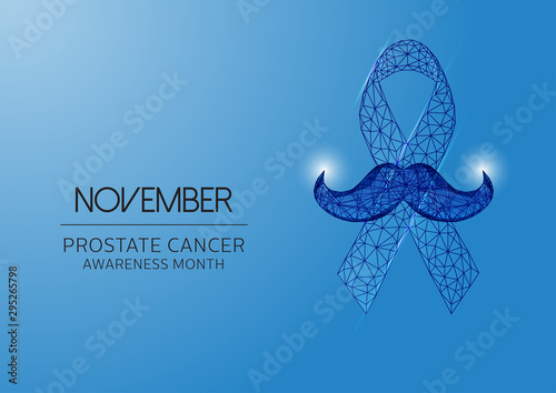 Futuristic November -prostate cancer awareness month with glowing low polygonal ribbon and mustaches