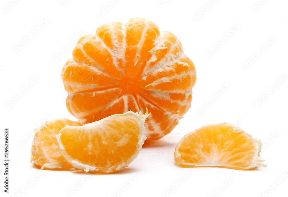Peeled tangerine with slices isolated on white background Peeled tangerine with slices isolated on white background