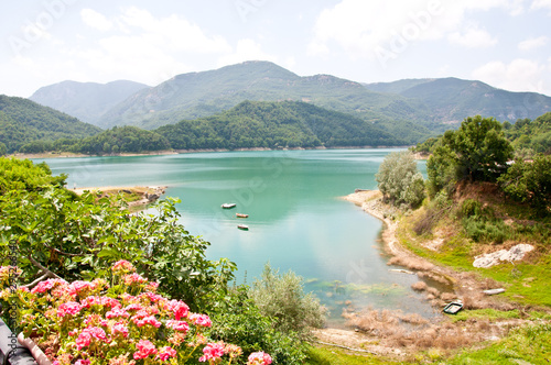 Picturesque landscape on Lake Salto in Central Italy. Artificial lake of Italy. Panoramic view of the lake. Lake with creeks. Wild and unspoiled nature.