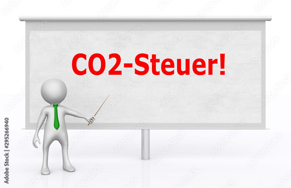 3D Figur vor Bildwand mit dem Begriff CO2 Steuer 3D Figur vor Bildwand mit dem Begriff CO2 Steuer