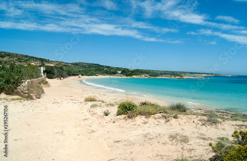 Greece - Koufonissi island: A deserted beach, with blue skies.