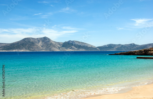 Greece – Koufonissi. Beach with still waters, looking to the nearby island of Keros.