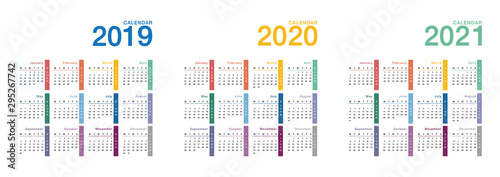 Year 2019 and Year 2020 and Year 2021 calendar vector design template, simple and clean design. Week Starts Monday. 