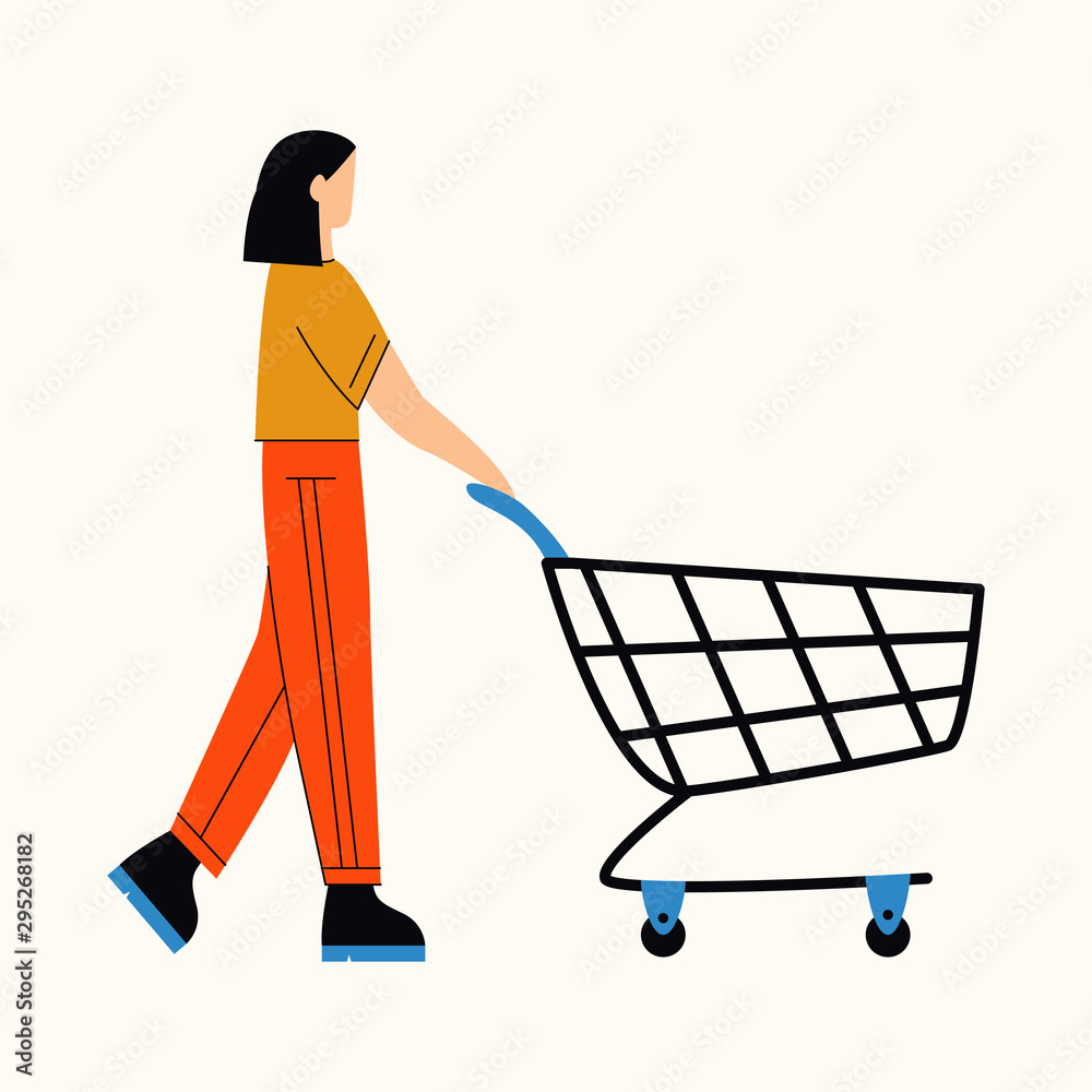 Woman with empty shopping cart. Online shopping. Your cart is empty concept. Flat vector illustration Woman with empty shopping cart. Online shopping. Your cart is empty concept. Flat vector illustration