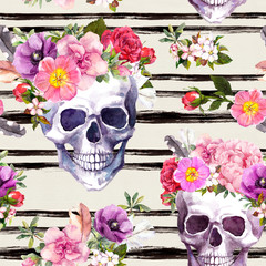 Sierkussen Doodshoofd met bloemen patronen Schedels met veren en strepen  © zzorik