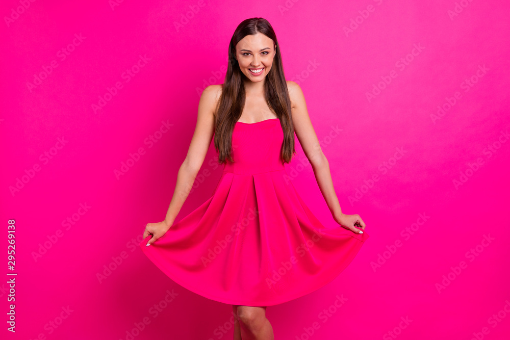 Portrait of her she nice-looking attractive lovable lovely gorgeous cheerful cheery girlish long-haired girl posing isolated over bright vivid shine vibrant pink fuchsia color background Portrait of her she nice-looking attractive lovable lovely gorgeous cheerful cheery girlish long-haired girl posing isolated over bright vivid shine vibrant pink fuchsia color background