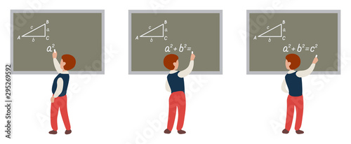 School boy at blackboard drawing Pythagorean Theorem, Student in uniform writing mathematical formula on chalk board in college class, flat style vector illustration for commix and animation