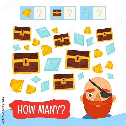 Counting educational children game, math kids activity sheet. How many objects task. Pirates collection. Cartoon illustration of cute pirate.