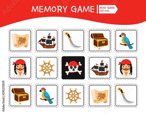 Memory game for preschool children, vector cards with pirate accessories. Find two identical picture. Kids activity page for book. 