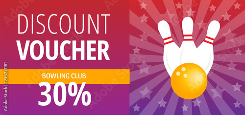 Discount voucher for bowling club. Red and purple gradient coupon with pins and ball. 30% sale. Standard scaled size: 210*99 mm (8,3*3,4 in)