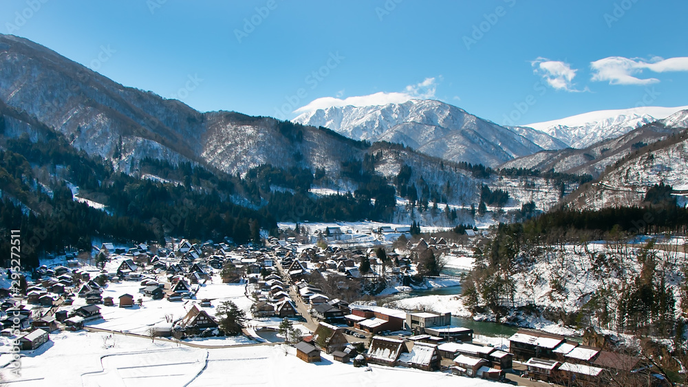 Shirakawa-go, Gifu, Japan. Landscape view of historic village and traditional Gassho-zukuri house with snow in the winter, UNESCO world heritage site. One of the most tourist attractions in Japan.