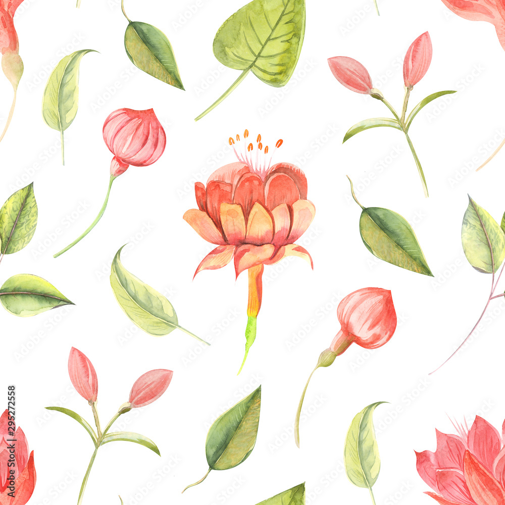 Seamless raster watercolor pattern with flowers fuchsia and leaves close up on a colored background. Seamless raster watercolor pattern with flowers fuchsia and leaves close up on a colored background.