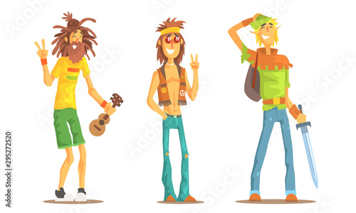 Men of Different Subcultures Set, Hippie, Rastafarian, Tolkienist Male Characters Vector Illustration