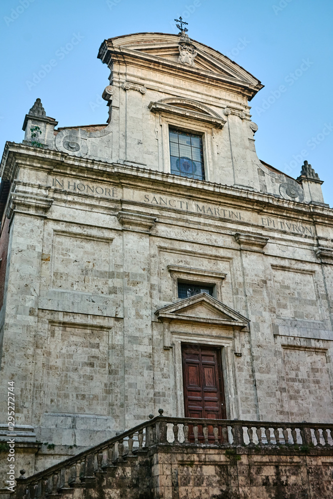 Facade of a historic church in Grosseto, Italy.